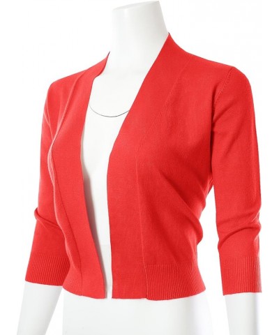 3/4 Sleeve Solid Open Bolero Cropped Cardigan for Women (S-3XL) Msg1-hotcoral $11.20 Sweaters