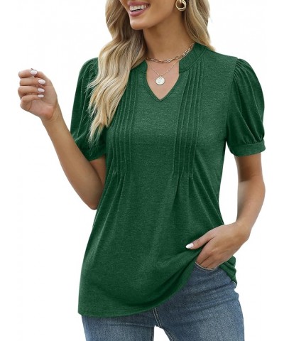 Womens Pleated V Neck T Shirts Summer Puff Short Sleeve Tunic Tops Casual Blouses 6-green $11.99 Tops