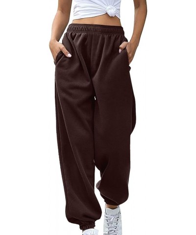 Womens Stretch Pants Elastic Waist Casual Loose Foot Fleece Sweatpants Women's Running Pants Flowy Pajama Pants Plus D-brown ...