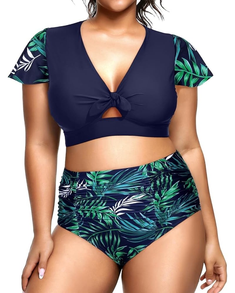 Womens Two Piece Plus Size Bikini Set High Waisted Swimsuits Tummy Control Bathing Suits Short Sleeve Swimwear Dark Blue Leav...