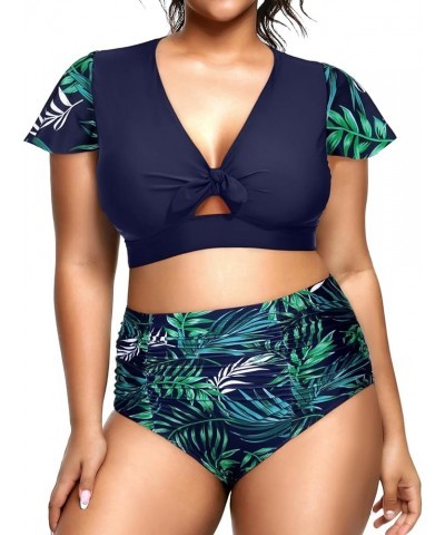 Womens Two Piece Plus Size Bikini Set High Waisted Swimsuits Tummy Control Bathing Suits Short Sleeve Swimwear Dark Blue Leav...