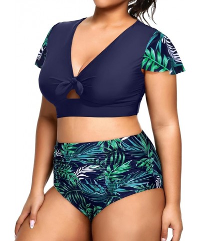 Womens Two Piece Plus Size Bikini Set High Waisted Swimsuits Tummy Control Bathing Suits Short Sleeve Swimwear Dark Blue Leav...