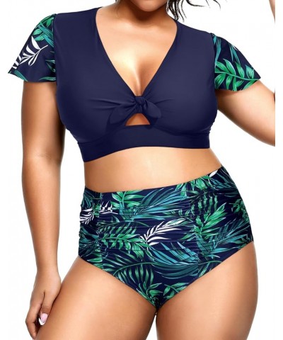 Womens Two Piece Plus Size Bikini Set High Waisted Swimsuits Tummy Control Bathing Suits Short Sleeve Swimwear Dark Blue Leav...