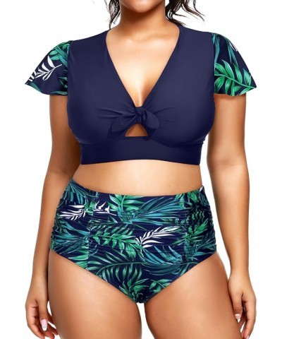 Womens Two Piece Plus Size Bikini Set High Waisted Swimsuits Tummy Control Bathing Suits Short Sleeve Swimwear Dark Blue Leav...