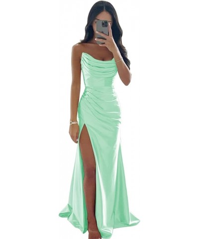 Strapless Satin Bridesmaid Dresses Long for Women Formal Pleated Mermaid Corset Prom Dress with Slit Mint $43.19 Dresses