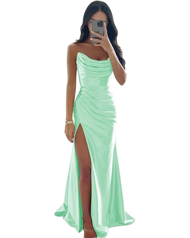 Strapless Satin Bridesmaid Dresses Long for Women Formal Pleated Mermaid Corset Prom Dress with Slit Mint $43.19 Dresses