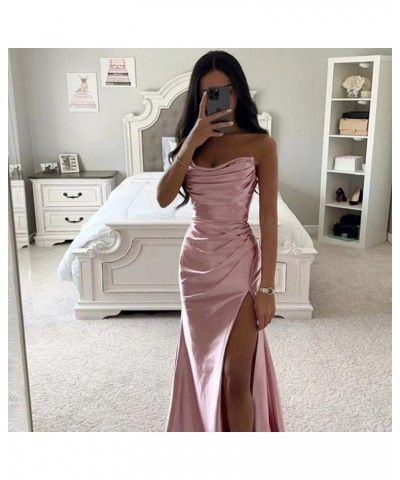 Strapless Satin Bridesmaid Dresses Long for Women Formal Pleated Mermaid Corset Prom Dress with Slit Mint $43.19 Dresses