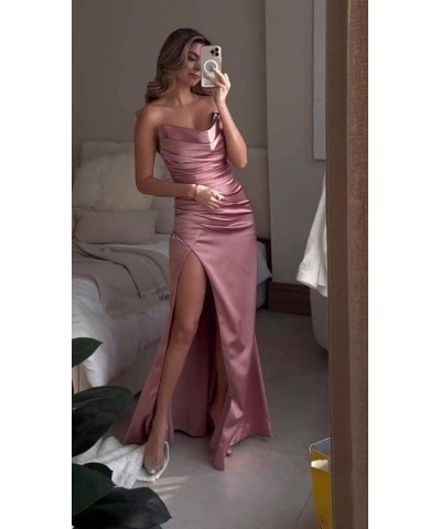 Strapless Satin Bridesmaid Dresses Long for Women Formal Pleated Mermaid Corset Prom Dress with Slit Mint $43.19 Dresses