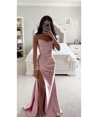 Strapless Satin Bridesmaid Dresses Long for Women Formal Pleated Mermaid Corset Prom Dress with Slit Mint $43.19 Dresses