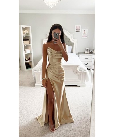 Strapless Satin Bridesmaid Dresses Long for Women Formal Pleated Mermaid Corset Prom Dress with Slit Mint $43.19 Dresses