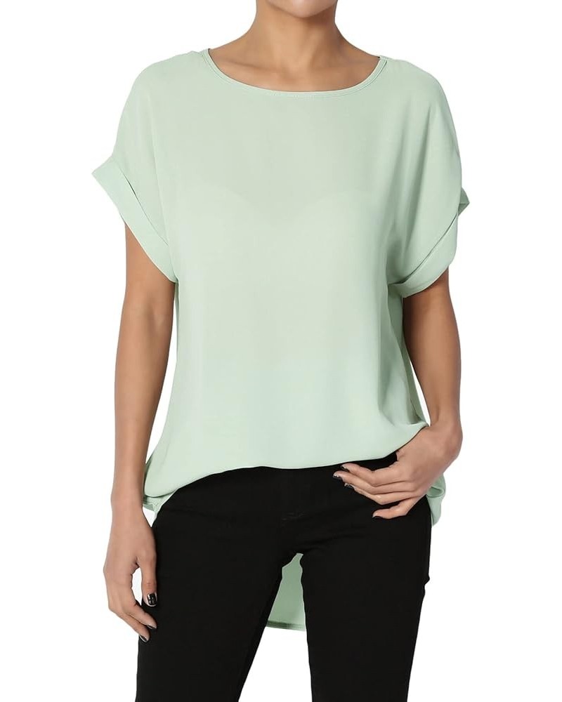 Women's Casual Office Cuffed Dolman Short Sleeve Boat Neck Loose Chiffon Top Dusty Mint $9.24 Tops