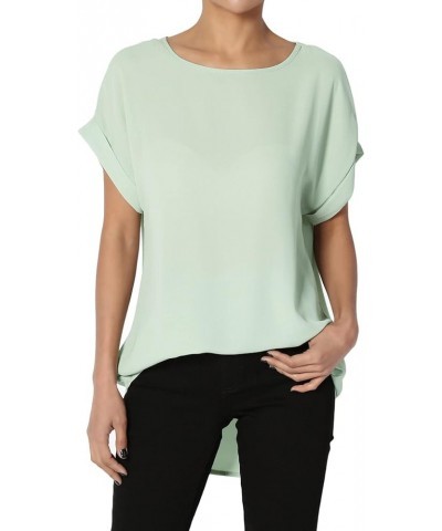 Women's Casual Office Cuffed Dolman Short Sleeve Boat Neck Loose Chiffon Top Dusty Mint $9.24 Tops