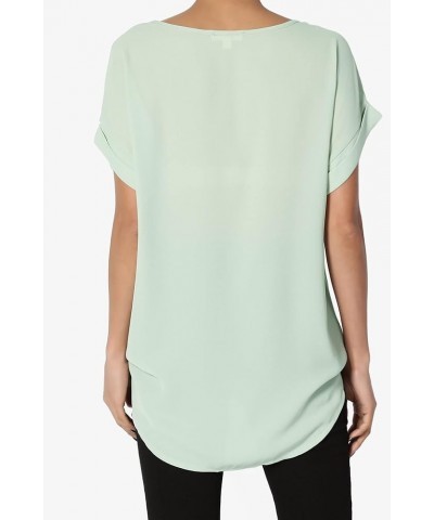 Women's Casual Office Cuffed Dolman Short Sleeve Boat Neck Loose Chiffon Top Dusty Mint $9.24 Tops