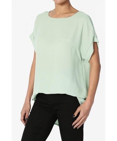 Women's Casual Office Cuffed Dolman Short Sleeve Boat Neck Loose Chiffon Top Dusty Mint $9.24 Tops