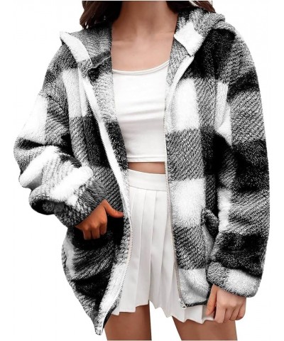 Women Sherpa Fleece Jackets Casual Long Sleeve Plaid Coat Zip Up Hoodie Jacket Oversized Fall Winter Outwear Black $7.64 Jackets