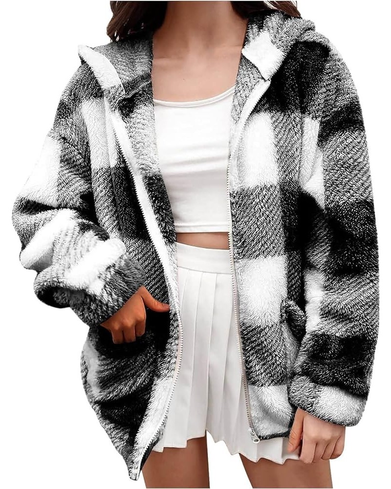 Women Sherpa Fleece Jackets Casual Long Sleeve Plaid Coat Zip Up Hoodie Jacket Oversized Fall Winter Outwear Black $7.64 Jackets