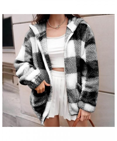 Women Sherpa Fleece Jackets Casual Long Sleeve Plaid Coat Zip Up Hoodie Jacket Oversized Fall Winter Outwear Black $7.64 Jackets