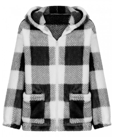 Women Sherpa Fleece Jackets Casual Long Sleeve Plaid Coat Zip Up Hoodie Jacket Oversized Fall Winter Outwear Black $7.64 Jackets