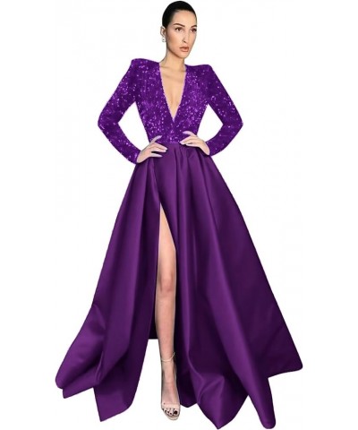 Deep V Neck Prom Dresses with Slit 2024 Sparkly Sequin A Line Long Sleeves Satin Formal Ball Gowns for Women Plum $37.44 Dresses