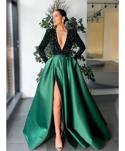 Deep V Neck Prom Dresses with Slit 2024 Sparkly Sequin A Line Long Sleeves Satin Formal Ball Gowns for Women Plum $37.44 Dresses