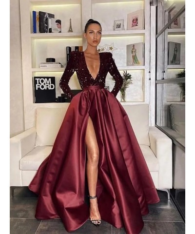 Deep V Neck Prom Dresses with Slit 2024 Sparkly Sequin A Line Long Sleeves Satin Formal Ball Gowns for Women Plum $37.44 Dresses