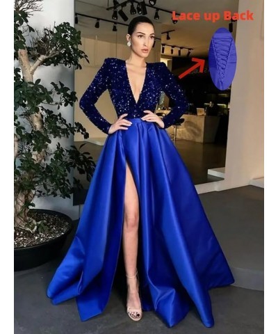 Deep V Neck Prom Dresses with Slit 2024 Sparkly Sequin A Line Long Sleeves Satin Formal Ball Gowns for Women Plum $37.44 Dresses