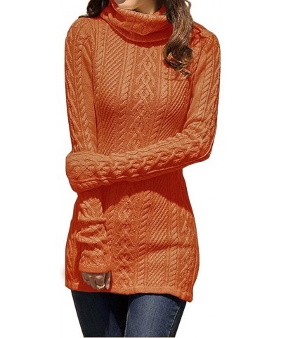 Women Polo Neck Long Slim Fitted Dress Bodycon Turtleneck Cable Knit Sweater Orange $18.71 Sweaters