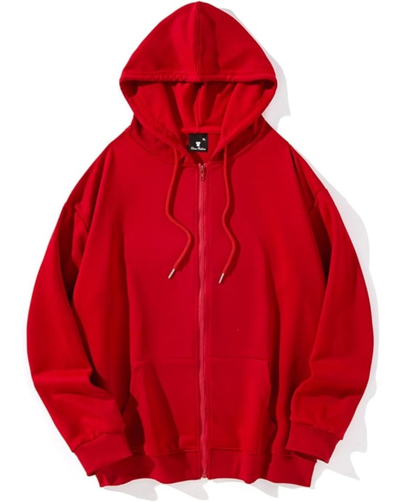 Womens Zip Up Y2K Hoodies Long Sleeve Fall Oversized Casual Drawstring Drop Shoulder Sweatshirts Jacket with Pocket Red $15.8...