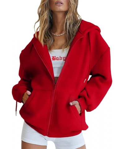 Womens Zip Up Y2K Hoodies Long Sleeve Fall Oversized Casual Drawstring Drop Shoulder Sweatshirts Jacket with Pocket Red $15.8...