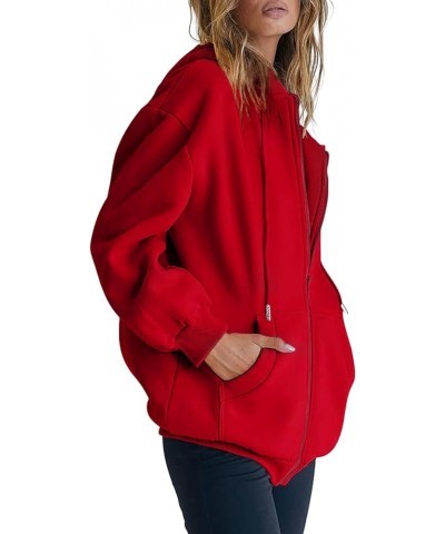 Womens Zip Up Y2K Hoodies Long Sleeve Fall Oversized Casual Drawstring Drop Shoulder Sweatshirts Jacket with Pocket Red $15.8...