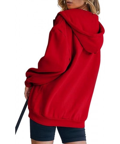 Womens Zip Up Y2K Hoodies Long Sleeve Fall Oversized Casual Drawstring Drop Shoulder Sweatshirts Jacket with Pocket Red $15.8...