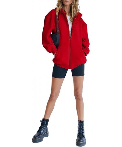 Womens Zip Up Y2K Hoodies Long Sleeve Fall Oversized Casual Drawstring Drop Shoulder Sweatshirts Jacket with Pocket Red $15.8...