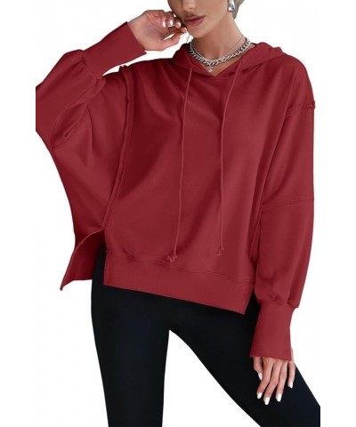 Womens Hoodies Oversized Sweatshirt Casual Long Sleeve Side Slit High Low Ribbed Knit Hem Pullover Y2K Clothes Red $17.16 Hoo...