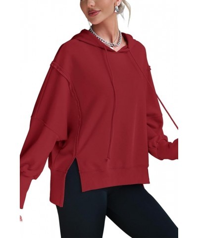 Womens Hoodies Oversized Sweatshirt Casual Long Sleeve Side Slit High Low Ribbed Knit Hem Pullover Y2K Clothes Red $17.16 Hoo...