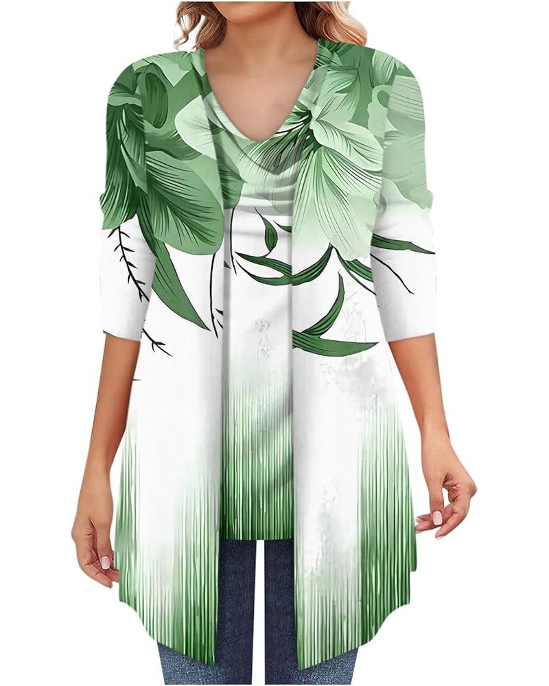 Women's 3/4 Sleeve Cardigan+Sleeveless Vest Two-Piece Set Casual Printed 3/4 Sleeve Long Cardigan Vest Set Fall 01-green $10....