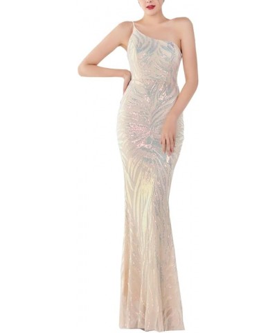 Women's One Shoulder Sleeveless Sequins Mermaid Evening Dress Apricot $38.50 Dresses