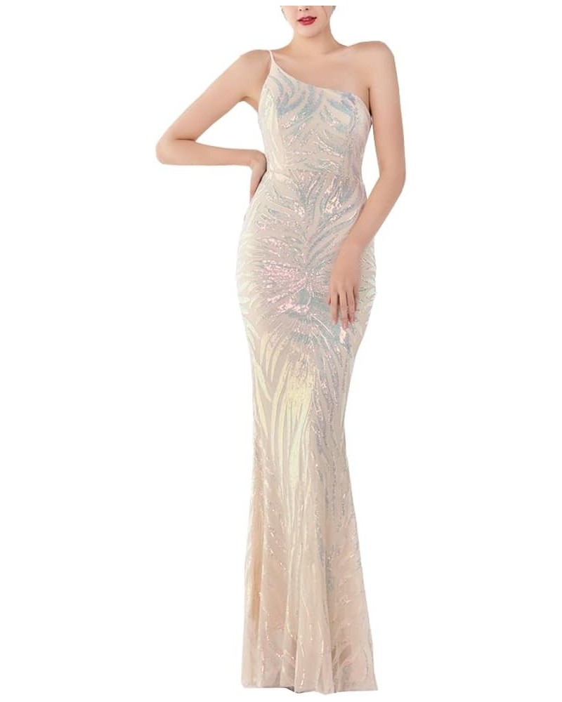 Women's One Shoulder Sleeveless Sequins Mermaid Evening Dress Apricot $38.50 Dresses