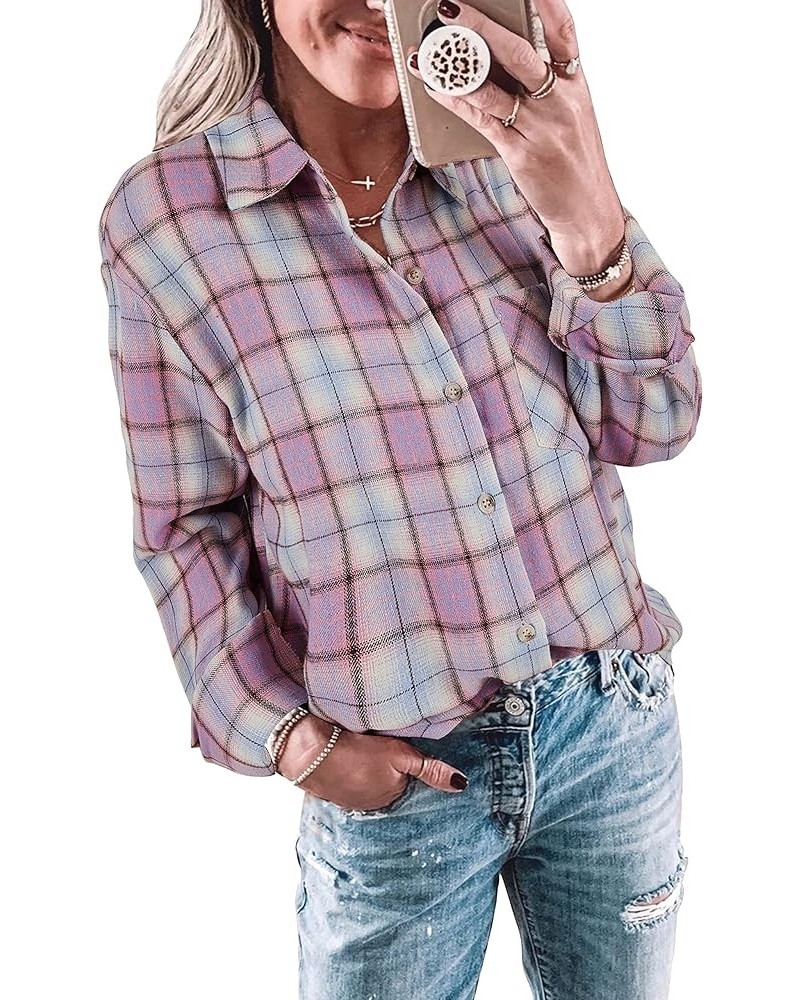 Womens Long Sleeve Button Down Shirt Casual Plaid Flannel Shirt Collared Blouse Tops Light Pink $19.37 Blouses