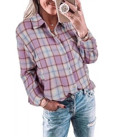 Womens Long Sleeve Button Down Shirt Casual Plaid Flannel Shirt Collared Blouse Tops Light Pink $19.37 Blouses