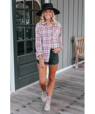 Womens Long Sleeve Button Down Shirt Casual Plaid Flannel Shirt Collared Blouse Tops Light Pink $19.37 Blouses