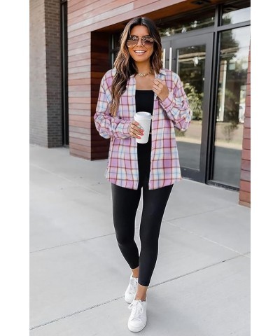 Womens Long Sleeve Button Down Shirt Casual Plaid Flannel Shirt Collared Blouse Tops Light Pink $19.37 Blouses