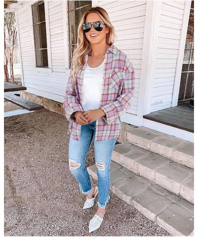 Womens Long Sleeve Button Down Shirt Casual Plaid Flannel Shirt Collared Blouse Tops Light Pink $19.37 Blouses