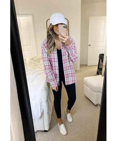 Womens Long Sleeve Button Down Shirt Casual Plaid Flannel Shirt Collared Blouse Tops Light Pink $19.37 Blouses