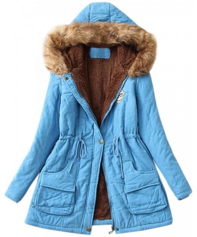 Womens Winter Fashion Warm Slim Fleece Lined Hooded Jackets Thickened Trendy Coats with Faux Fur Hood Sky Blue $19.94 Jackets