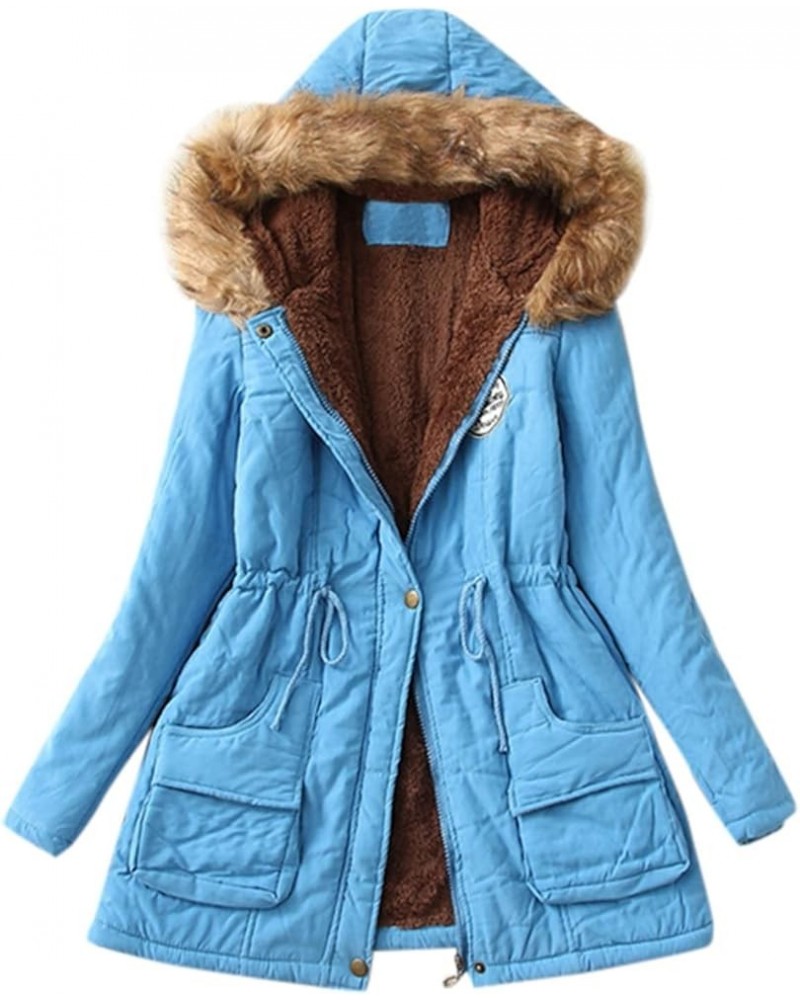 Womens Winter Fashion Warm Slim Fleece Lined Hooded Jackets Thickened Trendy Coats with Faux Fur Hood Sky Blue $19.94 Jackets