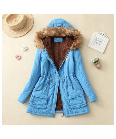 Womens Winter Fashion Warm Slim Fleece Lined Hooded Jackets Thickened Trendy Coats with Faux Fur Hood Sky Blue $19.94 Jackets