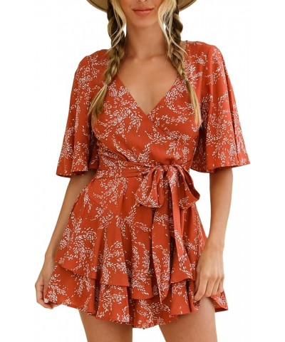 Womens Summer Short Flared Sleeve Romper V Neck Floral Print Jumpsuit Waist Tie Layer Ruffle Hem Dress Look Rompers Orange $1...