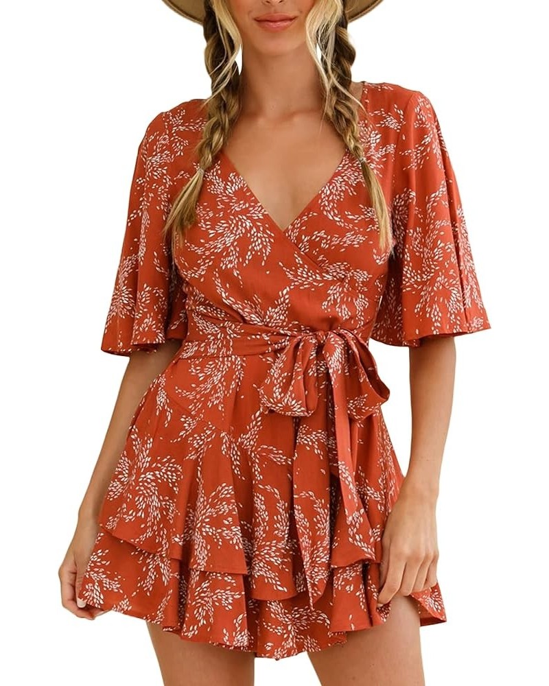 Womens Summer Short Flared Sleeve Romper V Neck Floral Print Jumpsuit Waist Tie Layer Ruffle Hem Dress Look Rompers Orange $1...