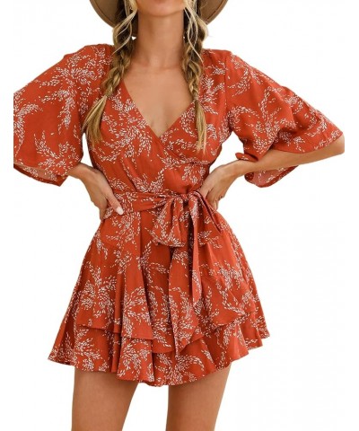 Womens Summer Short Flared Sleeve Romper V Neck Floral Print Jumpsuit Waist Tie Layer Ruffle Hem Dress Look Rompers Orange $1...