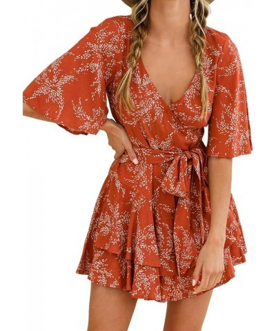 Womens Summer Short Flared Sleeve Romper V Neck Floral Print Jumpsuit Waist Tie Layer Ruffle Hem Dress Look Rompers Orange $1...